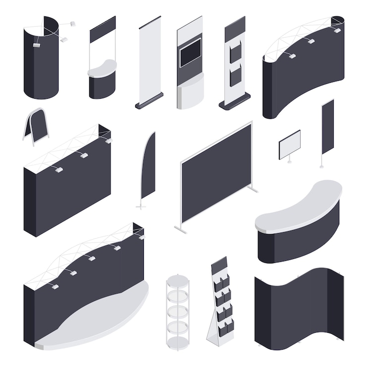 Gratis Vector expo stand monochroom isometrische set van verschillende lege tentoonstelling beursstands geïsoleerde 3d-vector illustratie