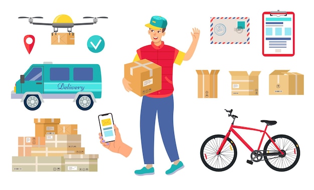 Gratis vector express levering service objecten illustraties set. koerier stripfiguur en drone leveren pakket, fiets en busje geïsoleerd op wit