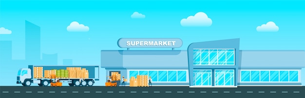 Gratis vector express truck leveren goederen aan supermarkt