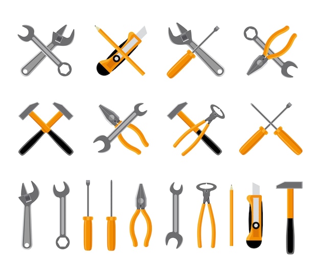 Extra pictogrammen instellen. Hamer en moersleutel, schroevendraaier en moersleutel. Vector illustratie