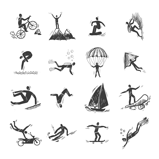 Gratis vector extreme sport iconen schets van duiken klimmen zeilen geïsoleerd doodle vector illustratie