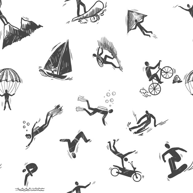 Extreme sport pictogram schets naadloze patroon van snorkelen surfen klimmen vector illustratie.
