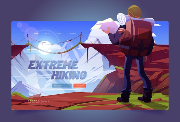 Gratis vector extreme wandelen cartoon banner. reiziger man met kaart naar bergen kijkend op hangbrug over hoge toppen