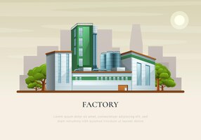 Fabrieks vlakke poster met industriële gebouwen in groene en blauwe kleuren bij stadswolkenkrabbers grijze silhouetten achtergrond vectorillustratie