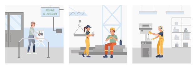 Gratis vector fabrieksarbeiders die aan het werk komen lunchen en arbeid platte set geïsoleerde vectorillustratie doen