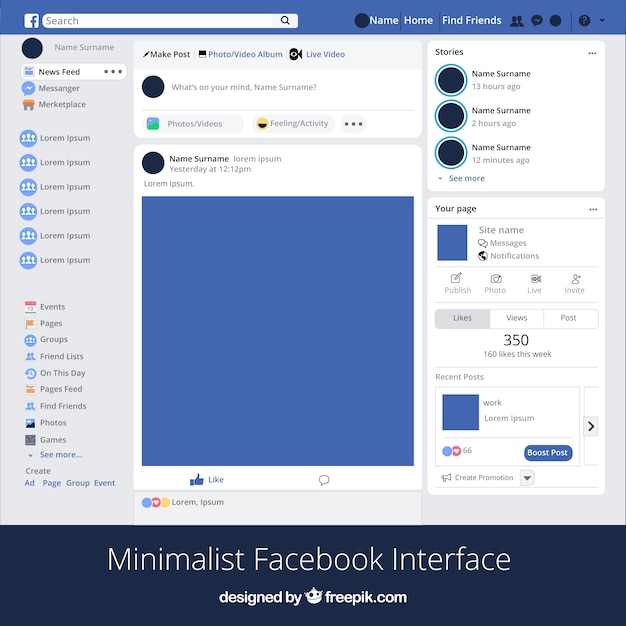 Gratis vector facebook-app-interface met minimalistisch ontwerp