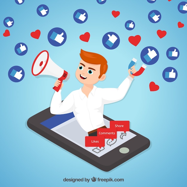 Gratis vector facebook-influencer-achtergrond met decive en emoticons