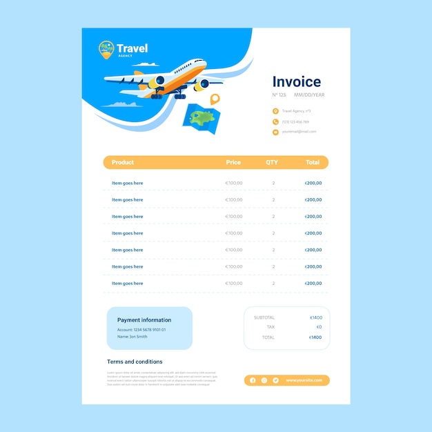 Factuur voor reisbureaus met plat ontwerp