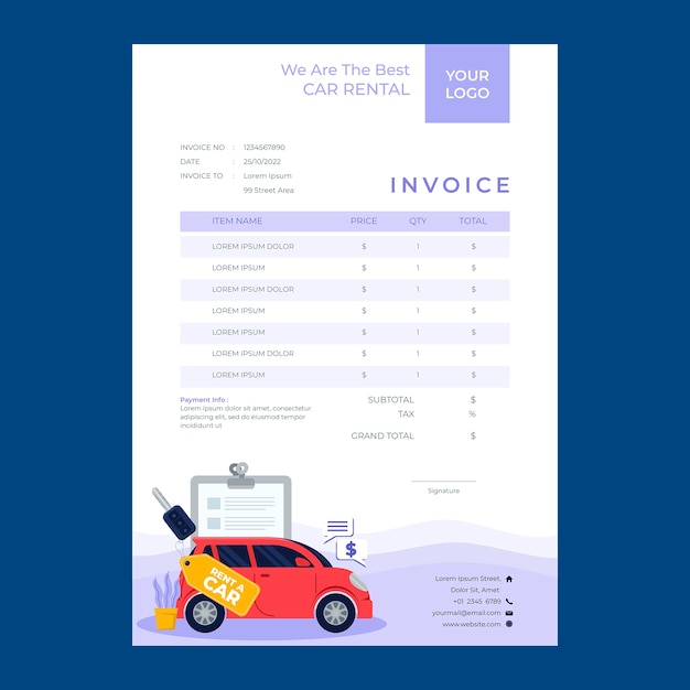 Gratis vector factuursjabloon voor autoverhuurservice