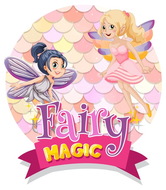 Fairy stripfiguur met Fairy Magic lettertype typografie op pastel schalen geïsoleerd