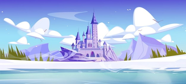 Gratis vector fairytale koninklijk kasteel in de buurt van rotsachtige bergen in de winter bedekt met sneeuw cartoon vector landschap met middeleeuws paleis met poort en torens in het midden van besneeuwde weide bij heuvels en water meer