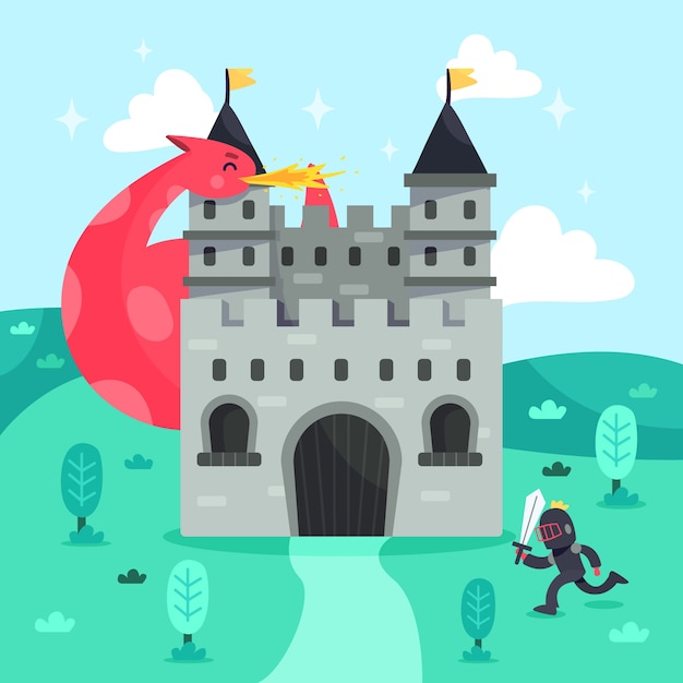 Gratis vector fairytale magisch kasteel met ridder