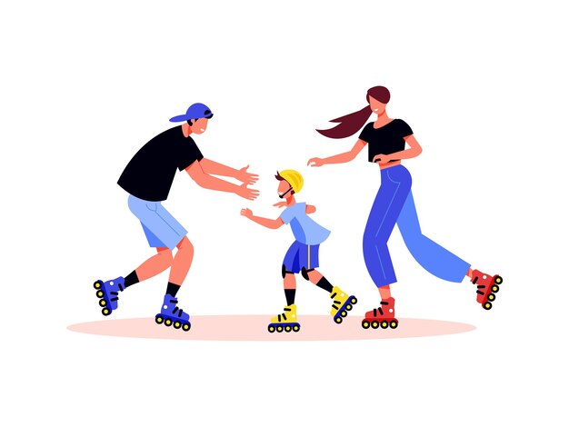 Familie actieve vakantie compositie met karakters van ouders en zoon op rolschaatsen