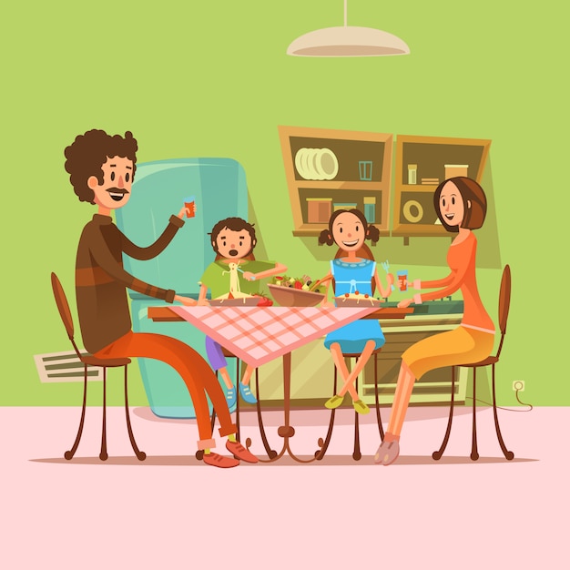 Familie die maaltijd in de keuken met koelkast hebben en vectorillustratie van het lijst retro beeldverhaal