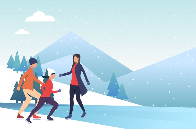 Gratis vector familie die op bevroren vijver schaatst