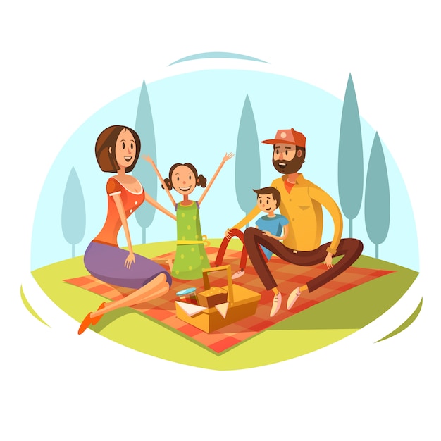 Familie die picknick op het grasconcept hebben met brood en van het jambeeldverhaal vectorillustratie