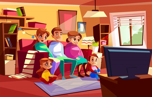 Familie die samen op TV-illustratie van ouders en kinderen zitten die op bank zitten