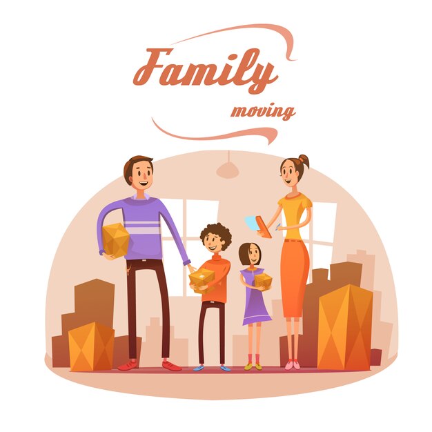 Familie die zich in beeldverhaalconcept met ruimtelijst en dozen vectorillustratie bewegen