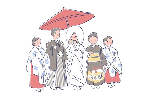 Familie en jonggehuwden die Japanse kleren wieden