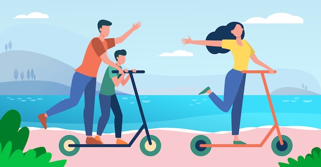 Familie genieten van activiteiten aan zee. ouders en kind rijden scooter door zee platte vectorillustratie. vakantie, zomer, vakantie