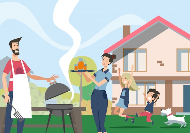 Familie genieten van barbecue in de achtertuin