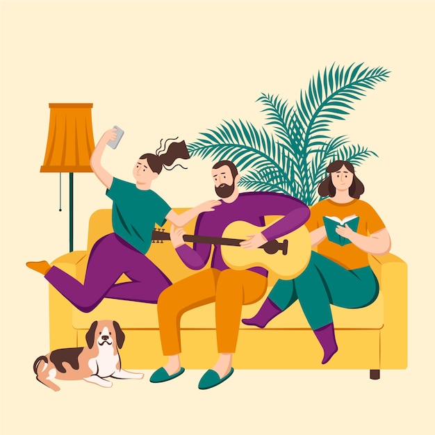 Gratis vector familie genieten van tijd samen met hond