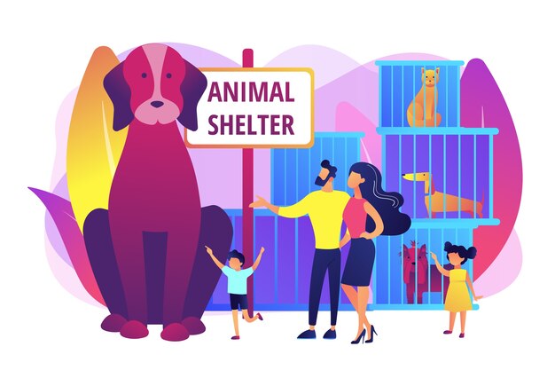 Familie in een opvangcentrum dat puppy kiest. Dakloze honden in kooien. Dierenasiel, reddingsacties voor de adoptie van huisdieren, kom een vriendenconcept kiezen. Heldere levendige violet geïsoleerde illustratie