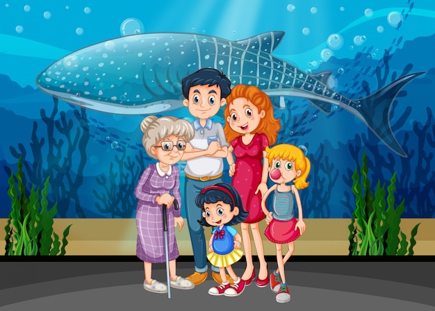 Familie op aquariumscène of achtergrond