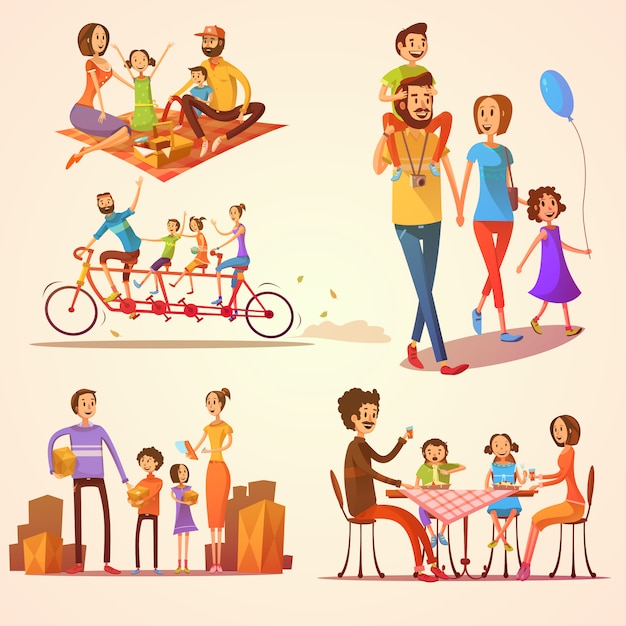 Gratis vector familie retro cartoon set