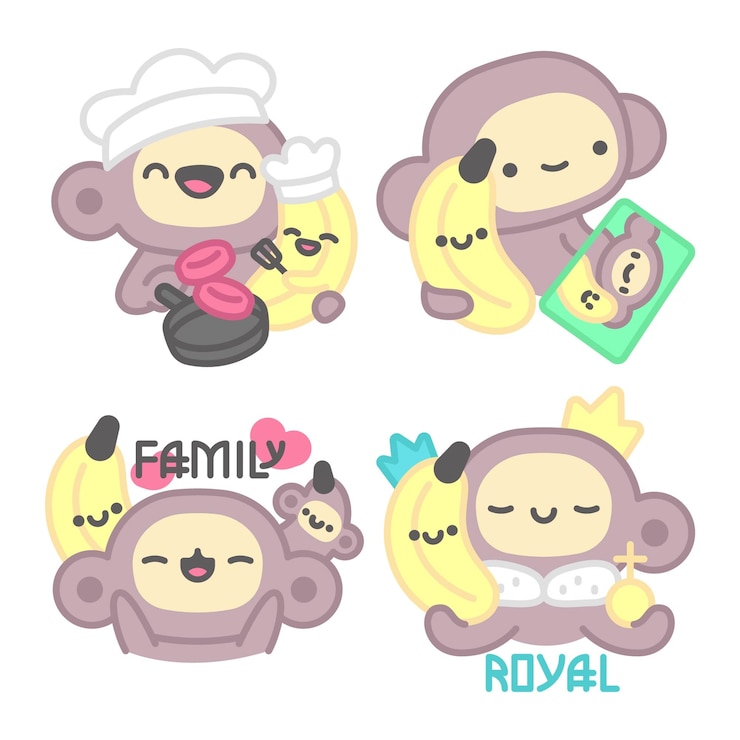 Gratis Vector familie stickers collectie met aap en banaan