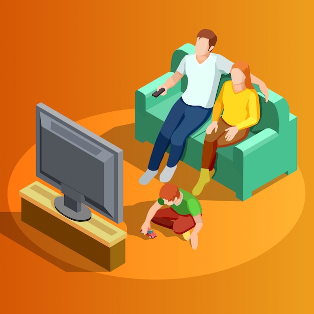 Gratis vector familie tv kijken home isometrisch beeld