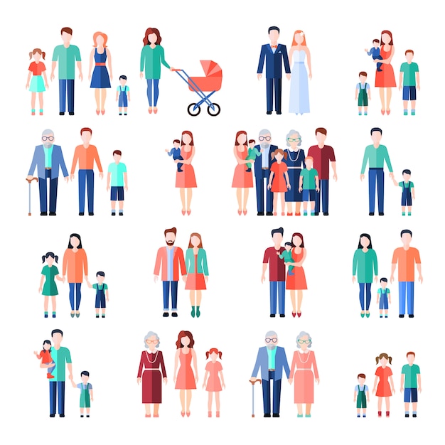 Gratis vector familie vlakke stijl afbeeldingen instellen