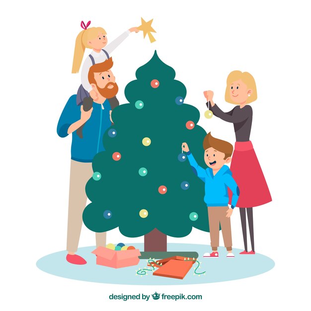 Familieachtergrond die de Kerstmisboom verfraait