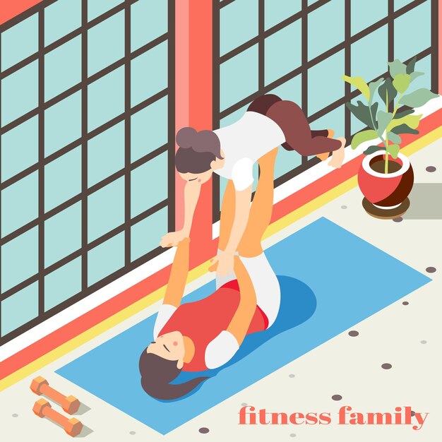 Familiegeschiktheid isometrische illustratie met vrouwelijke karakters die acrobatische oefeningen in vlakke gymnastiekzaal doen