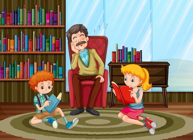 Gratis vector familieleden lezen in de woonkamer