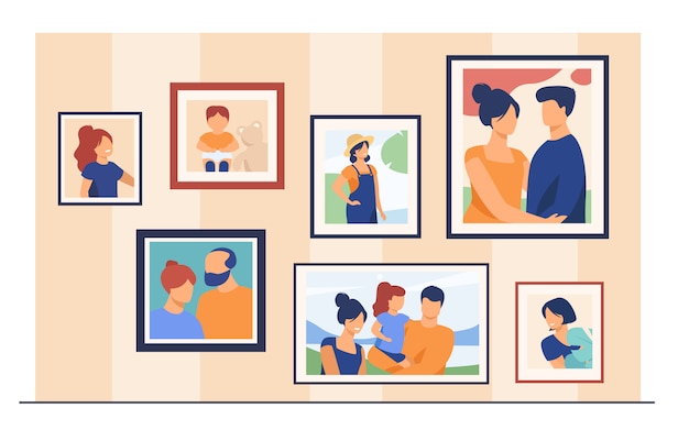 Gratis vector familieportret foto's in frames op de muur