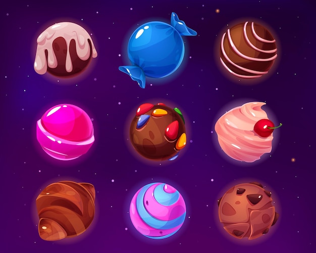 Gratis vector fantasie snoep planeet in cartoon vector illustratie set zoet dessert in de vorm van een bal voor spelruimte activa ronde lekkere candylands zien eruit als croissantijs met kersenroze lolly