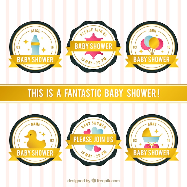 Fantastische baby shower badges met gouden linten