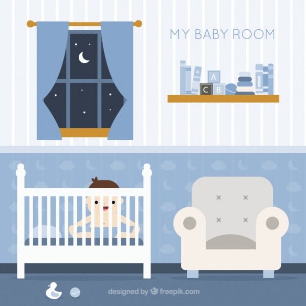 Gratis vector fantastische babykamer met glimlachende baby