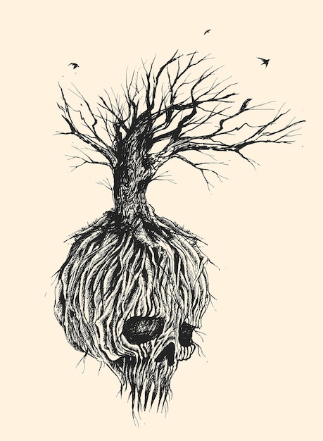 Fantastische schedel boomwortels en takken Hand getrokken schets vectorillustratie