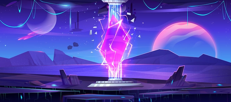 Gratis Vector fantasy planeet ruimte landschap met magische portaal illustratie futuristische deur naar de buitenwereld met mystieke roze bliksem energie ui scherm achtergrond sterren kosmische universum met poort ingang naar gat