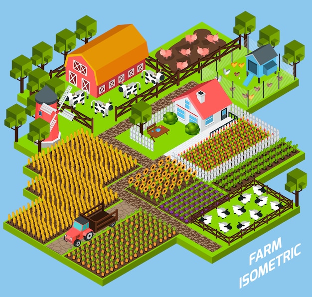 Gratis vector farm-complex isometrische blokken samenstelling