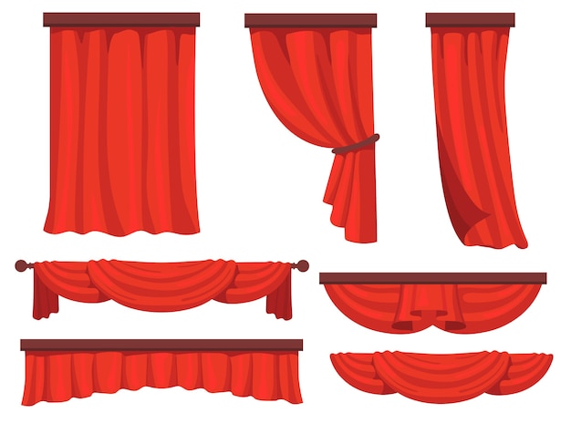Gratis vector fase rode gordijnen platte set voor webdesign. cartoon stoffen draperie in film of opera vector illustratie collectie. raamgordijn en decoratie concept