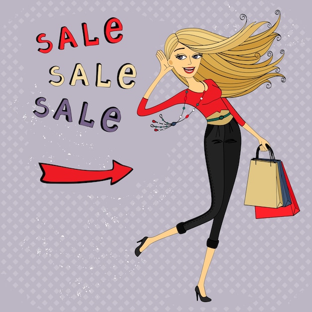 Fashion sale-advertentie, winkelend meisje met zakken