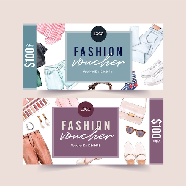 Fashion voucher ontwerp met accessoires en outfit aquarel illustratie.