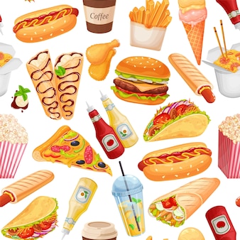 Fastfood naadloze patroon, vectorillustratie. achtergrond met pannenkoeken, hamburger, woknoedels, hotdog, shoarma, pizza en anderen voor afhaalcafé-ontwerp. illustratie van straatvoedsel.