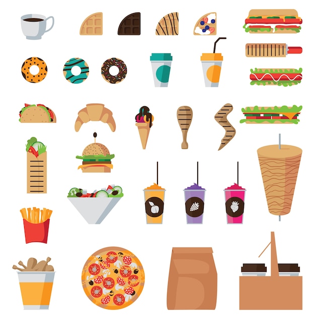 Gratis vector fastfood plat pictogrammen instellen geïsoleerd