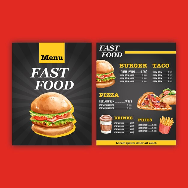 Fastfood restaurant menu. Lijstrandmenu voorgerechten