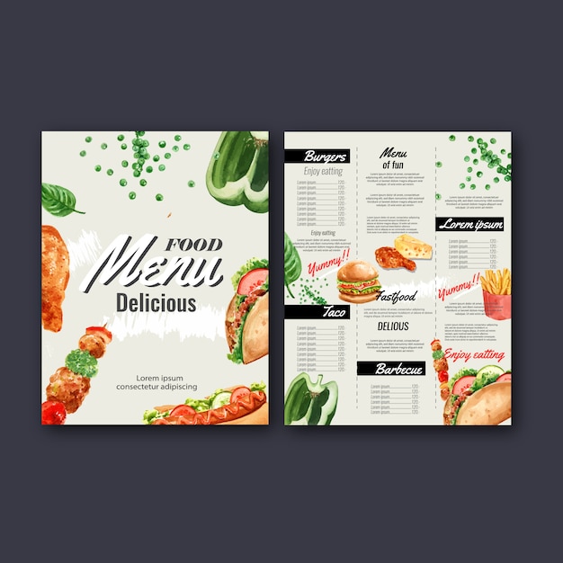 Gratis vector fastfood restaurant menu. lijstrandmenu voorgerechten