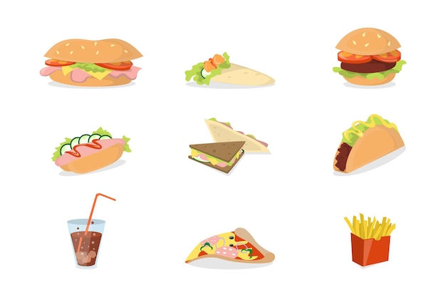 Gratis vector fastfood set burgers en sandwiches frisdrank en friet